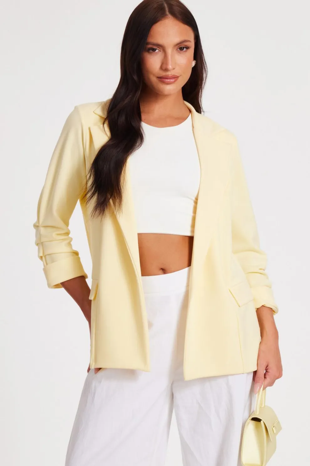 Light Yellow Ruched Sleeve Blazer