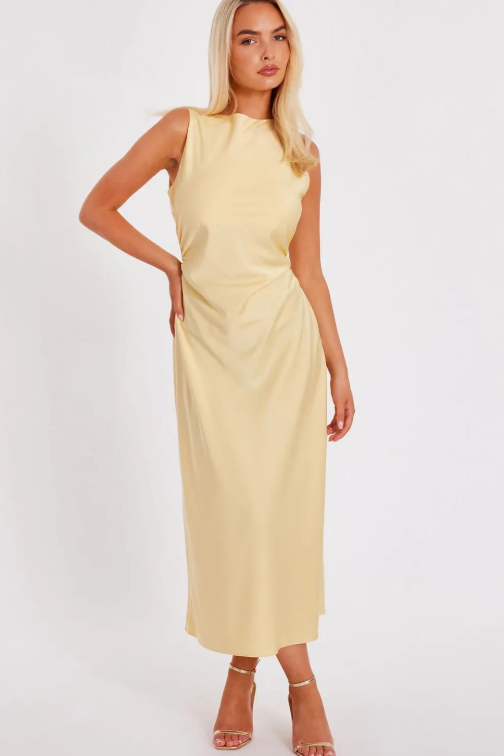 Light Yellow Satin Ruched Midi Dress