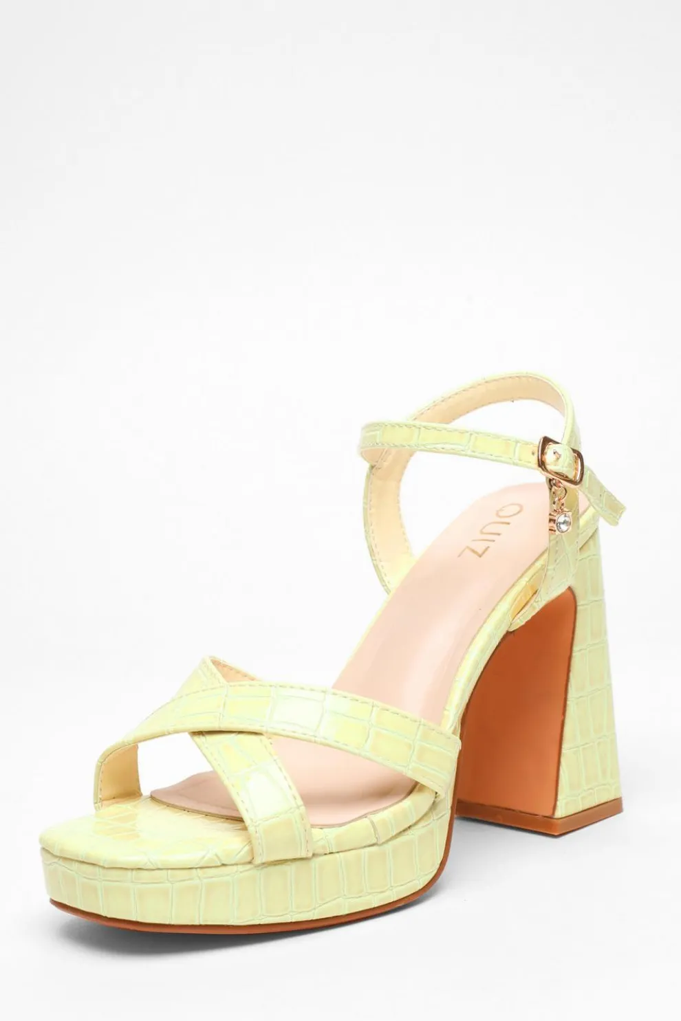 Lime Crocodile Cross Strap Platform Heeled Sandal