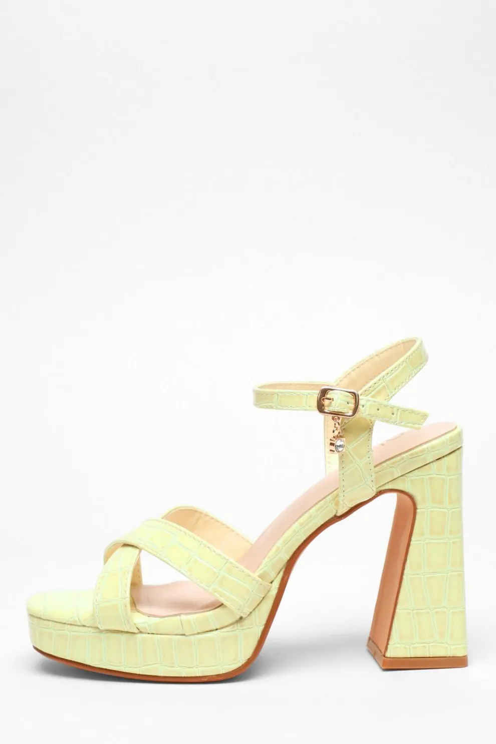 Lime Crocodile Cross Strap Platform Heeled Sandal
