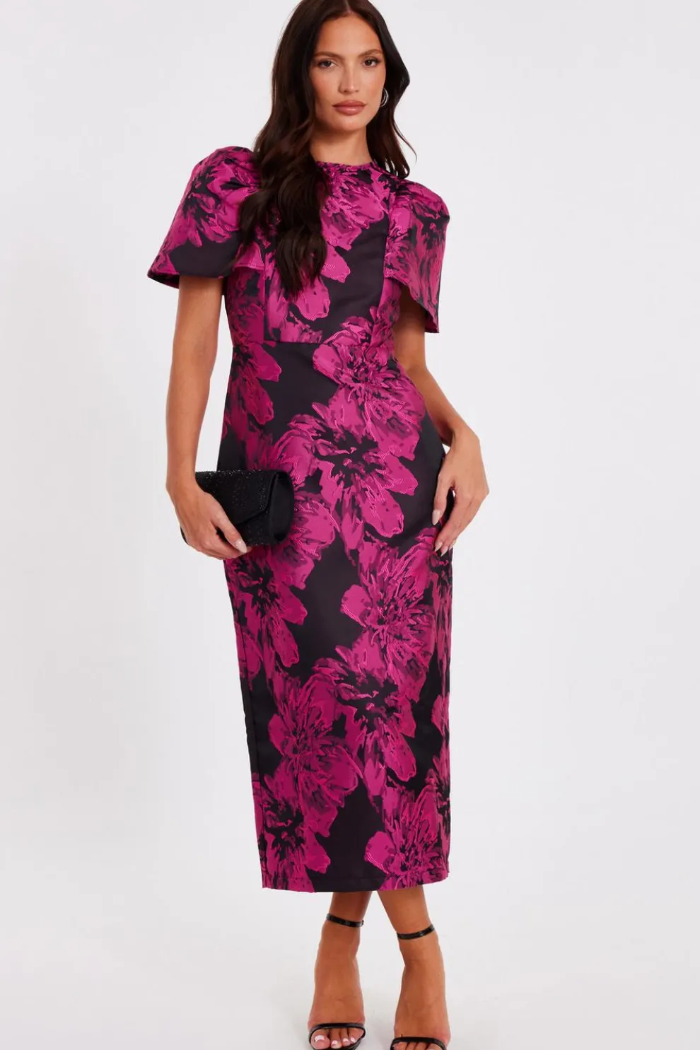 Magenta Floral Short Sleeve Midaxi Dress