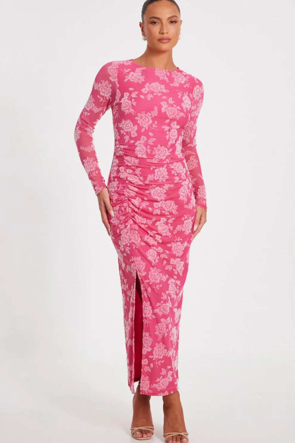 Magenta Mesh Floral Midaxi Dress