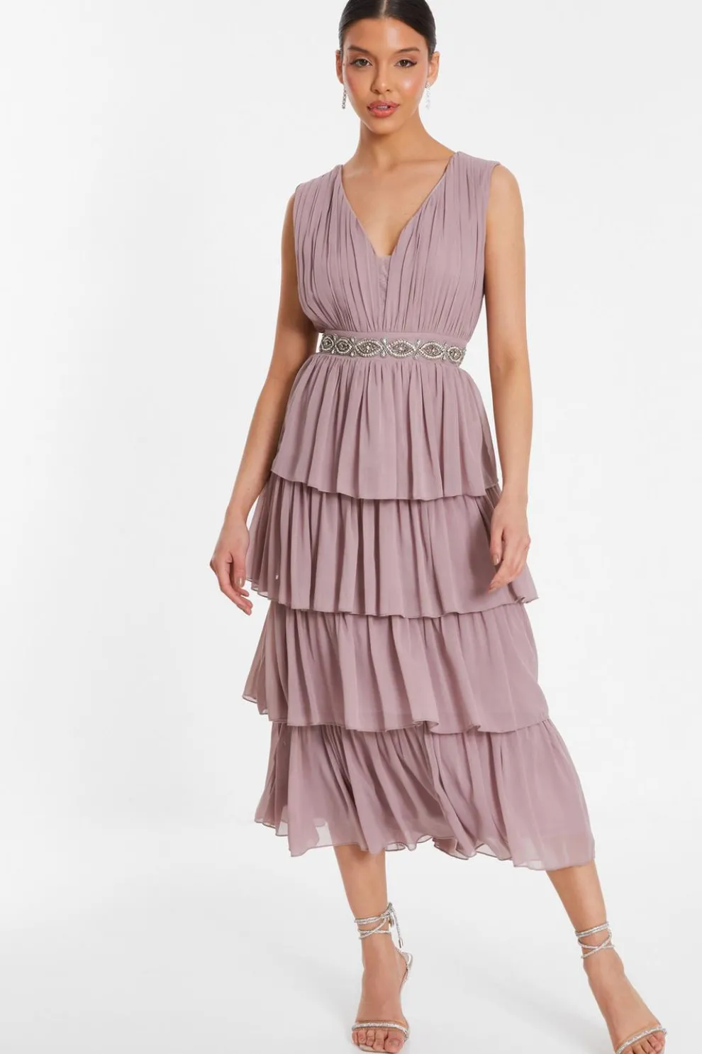 Mauve Chiffon Tiered Midi Dress