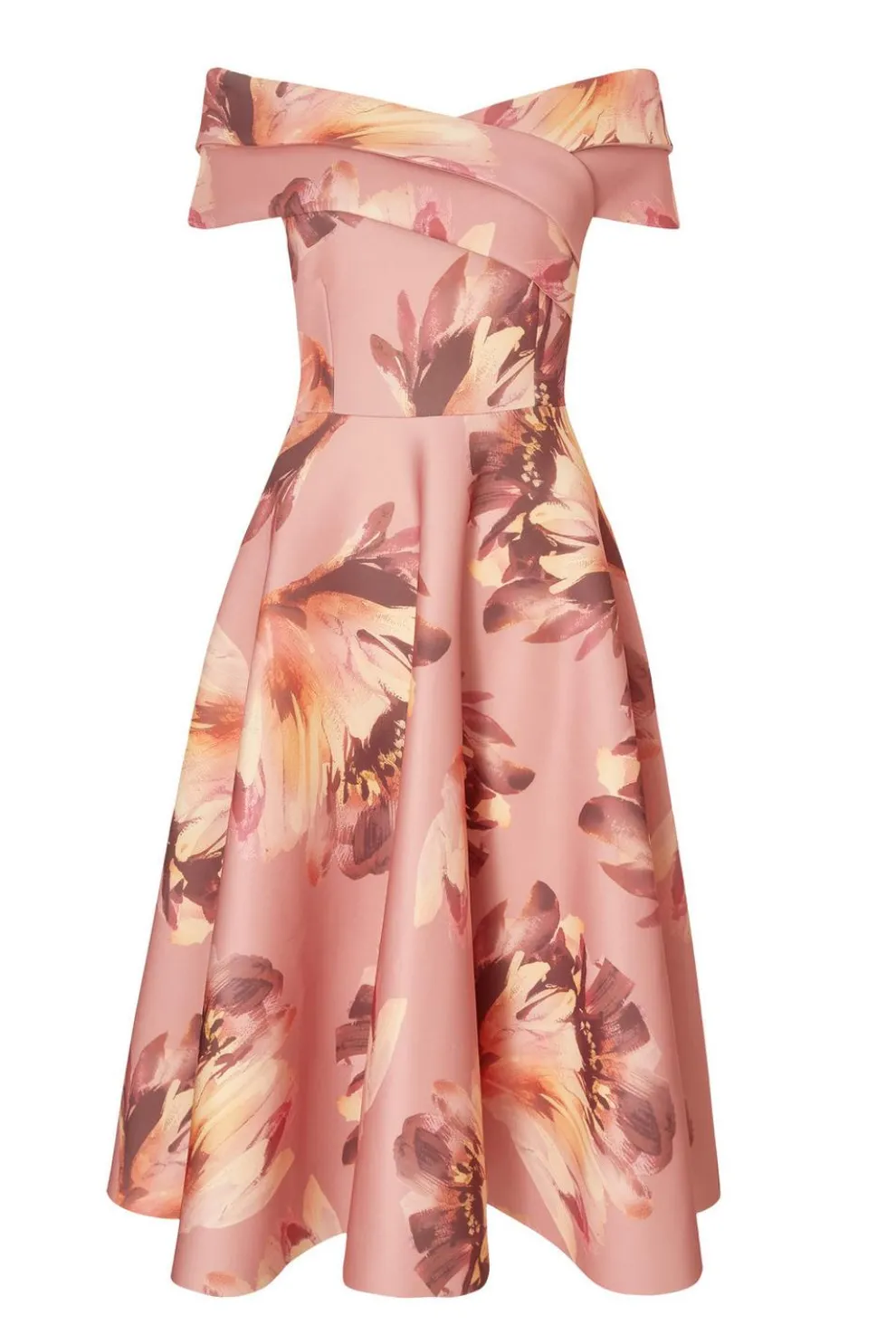 Mauve Floral Bardot Midi Dress