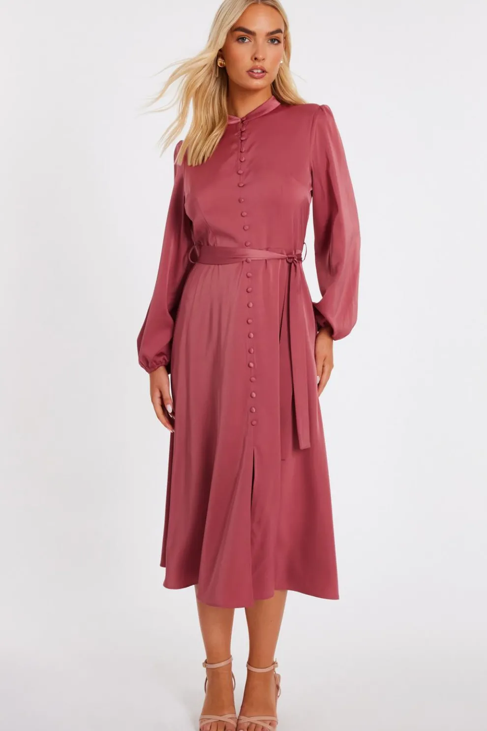 Mauve Satin Button Front Midaxi Dress
