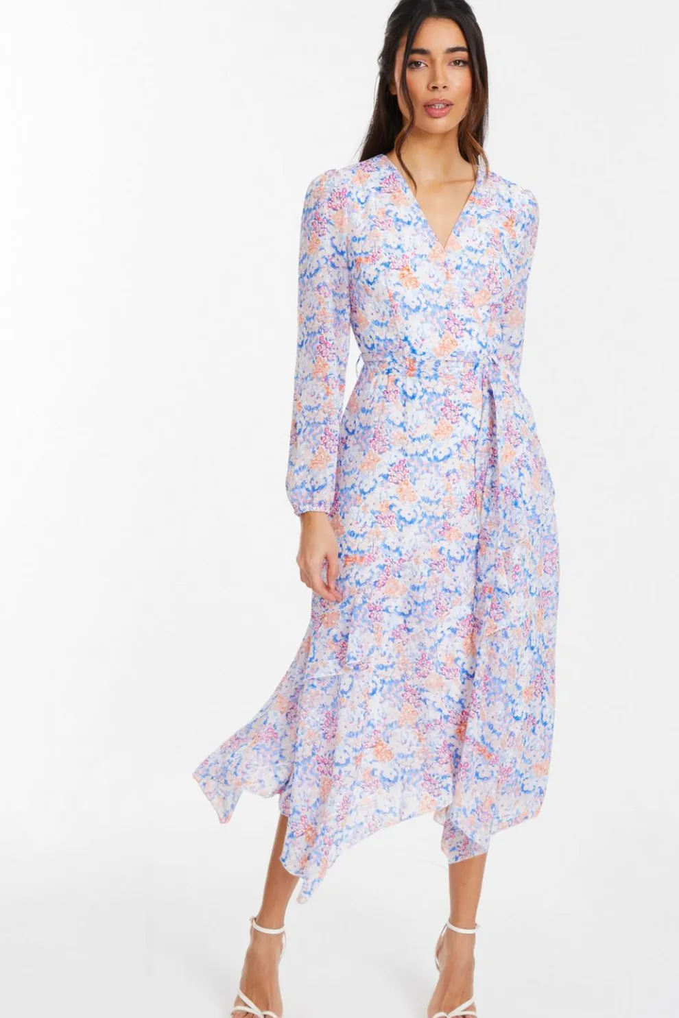 Multicoloured Ditsy Print Chiffon Wrap Midi Dress