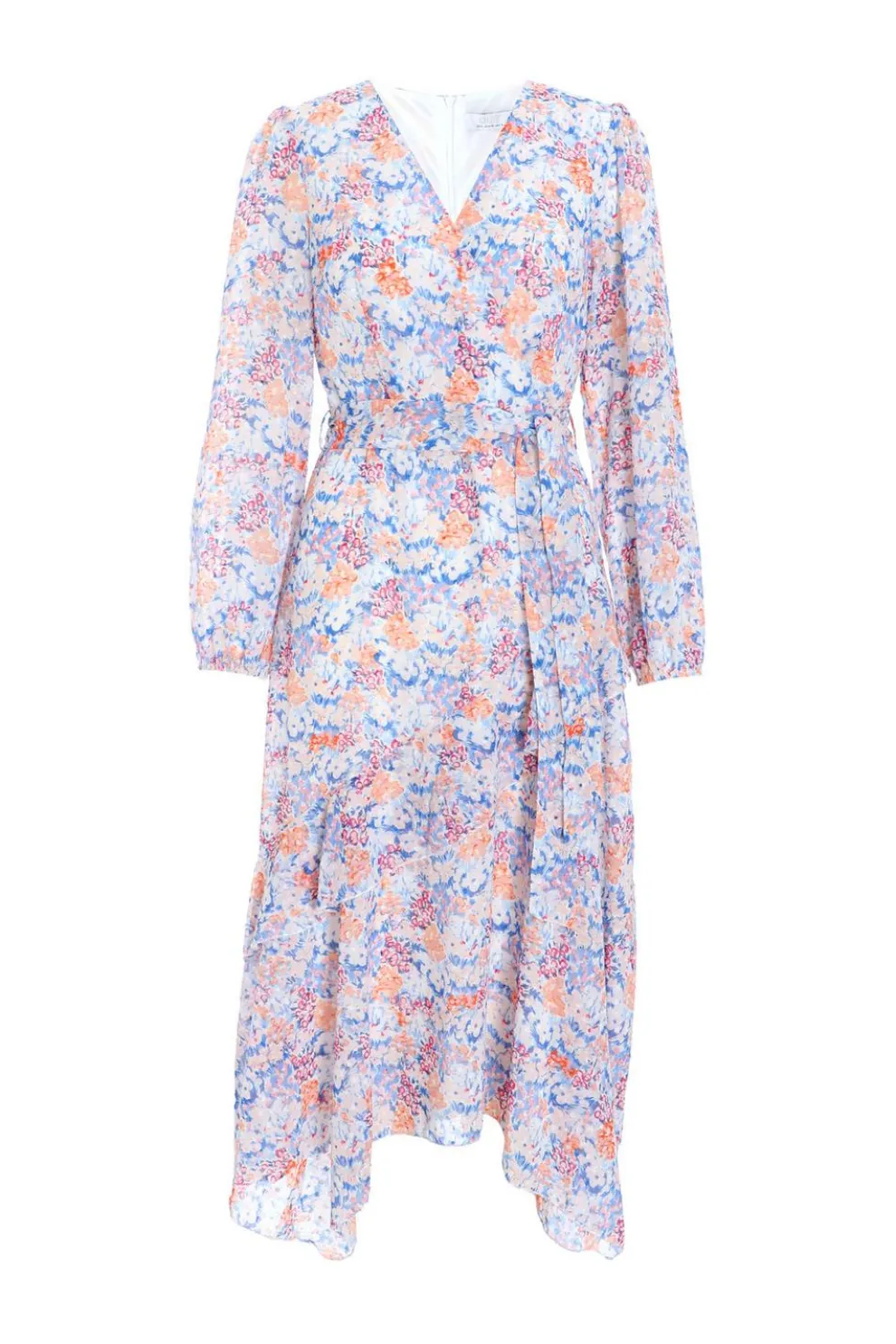 Multicoloured Ditsy Print Chiffon Wrap Midi Dress