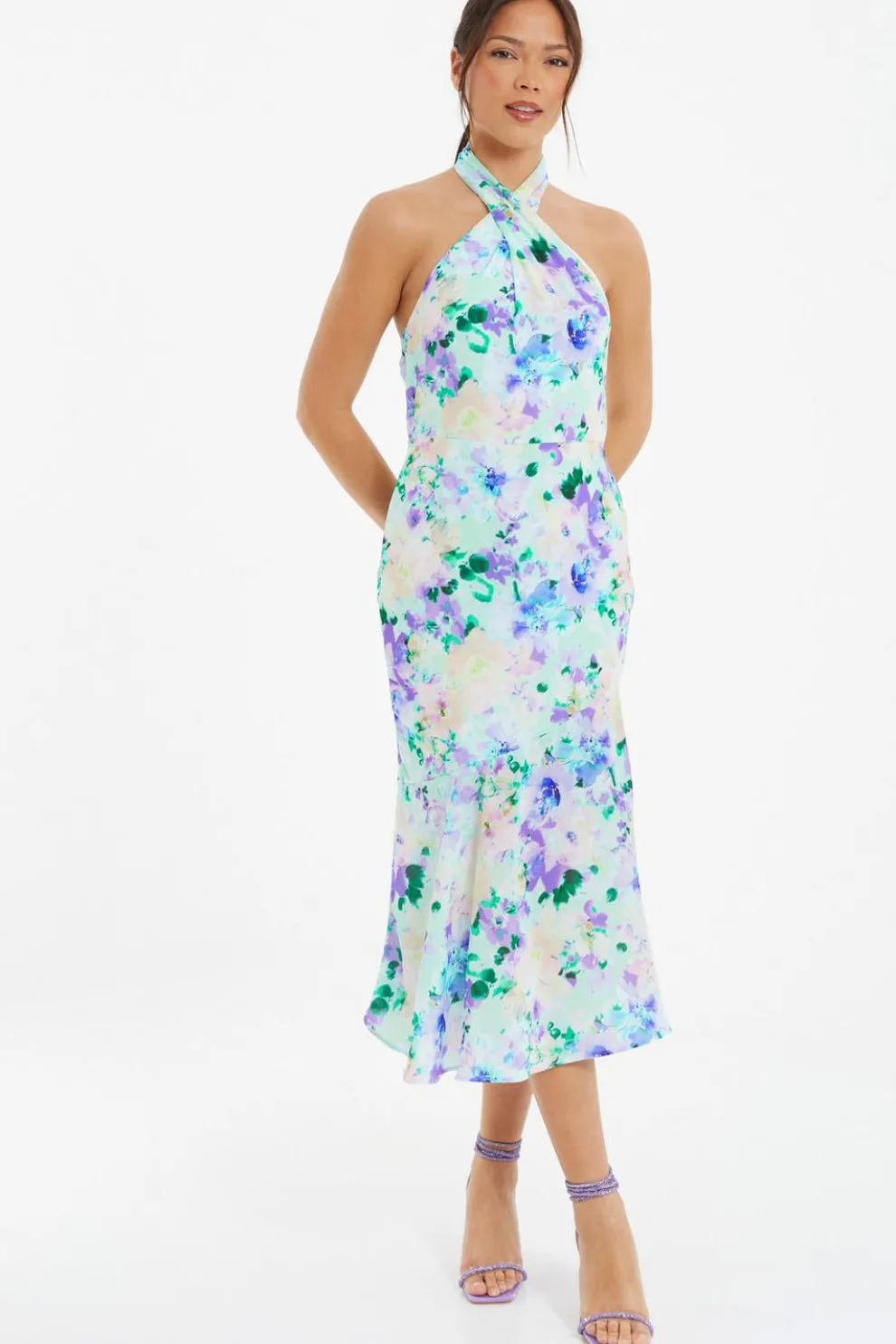 Multicoloured Floral Halter Neck Midi Dress