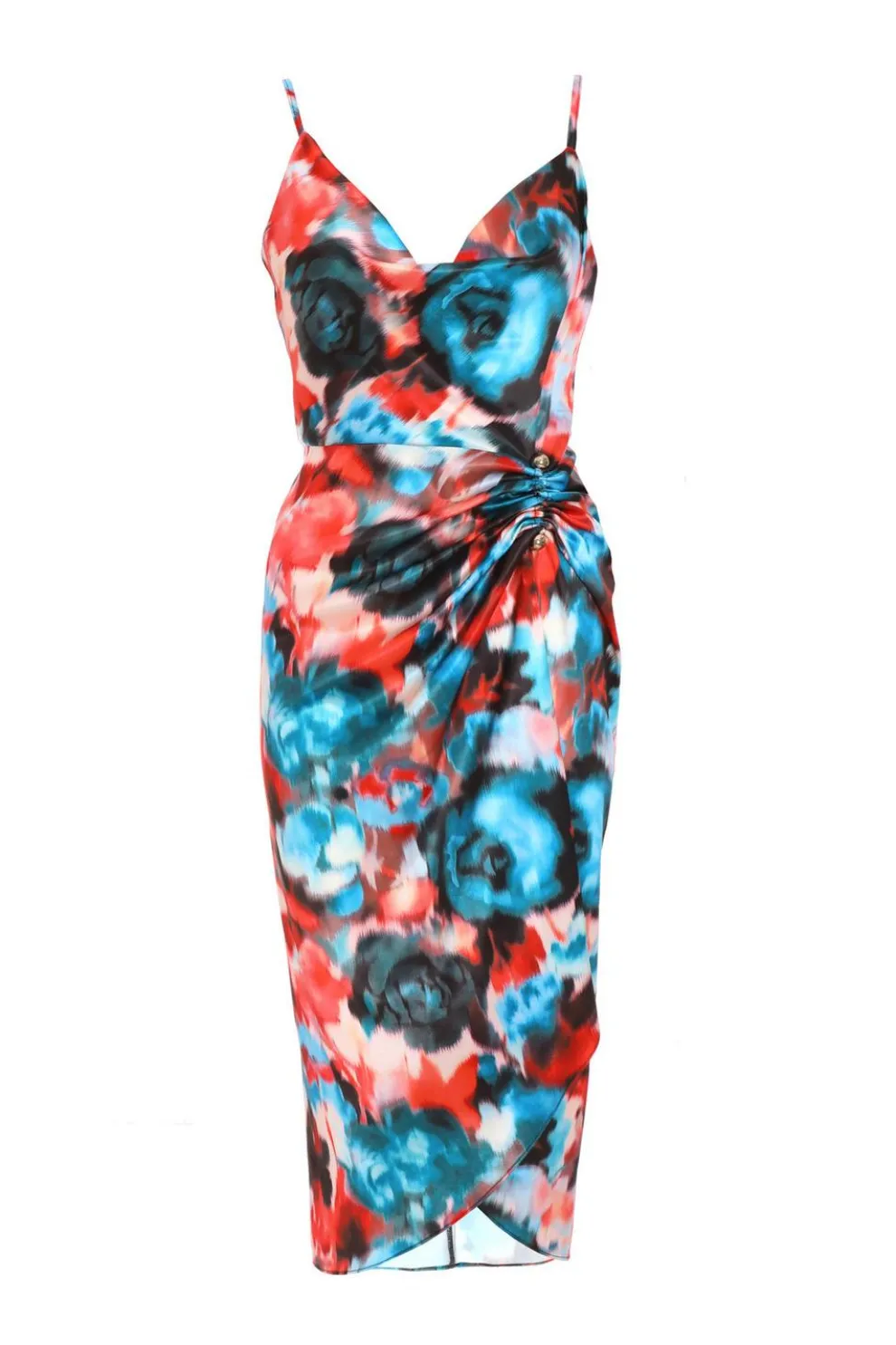 Multicoloured Satin Smudge Print Wrap Midi Dress