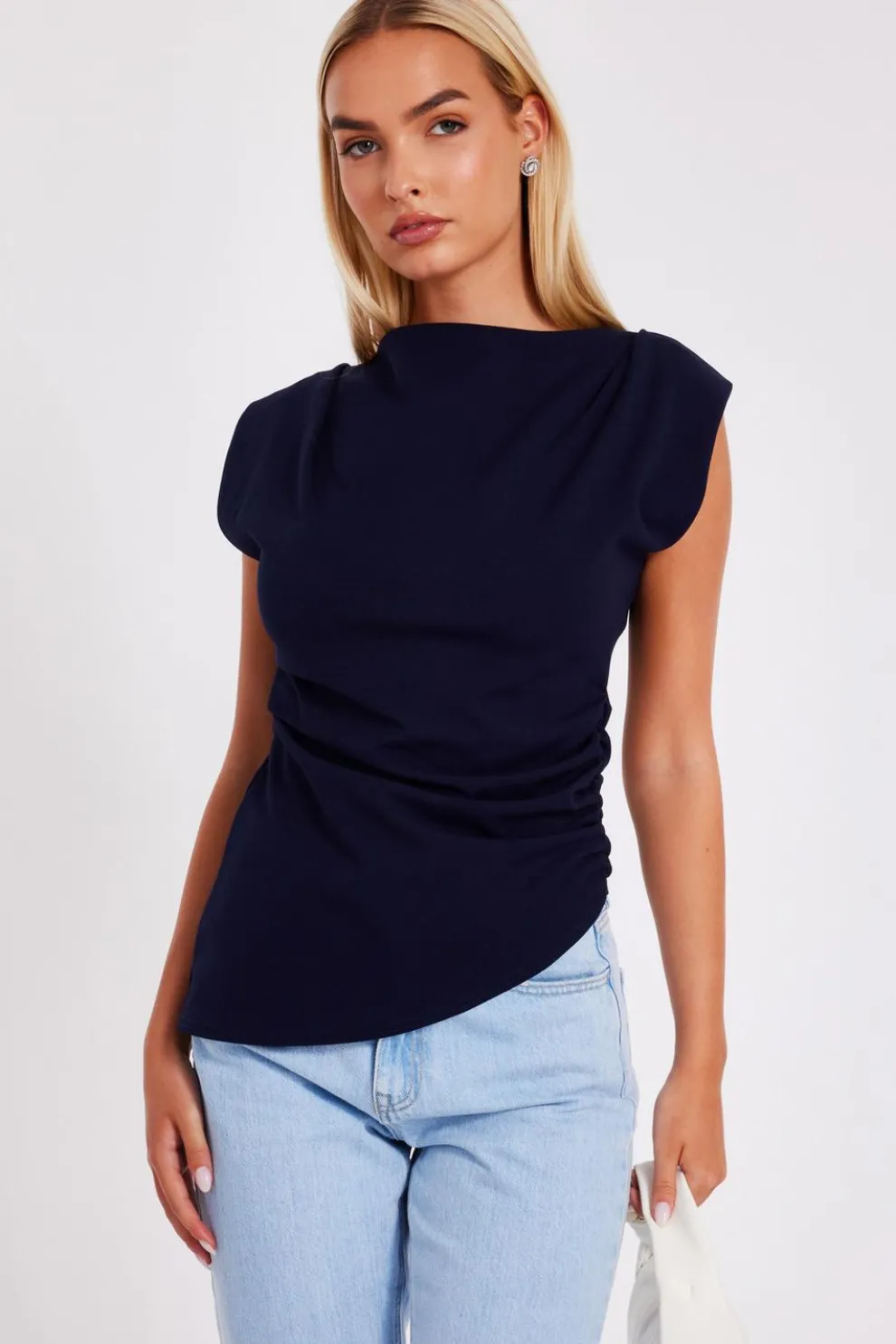 Navy Asymmetric Boat Neck Top