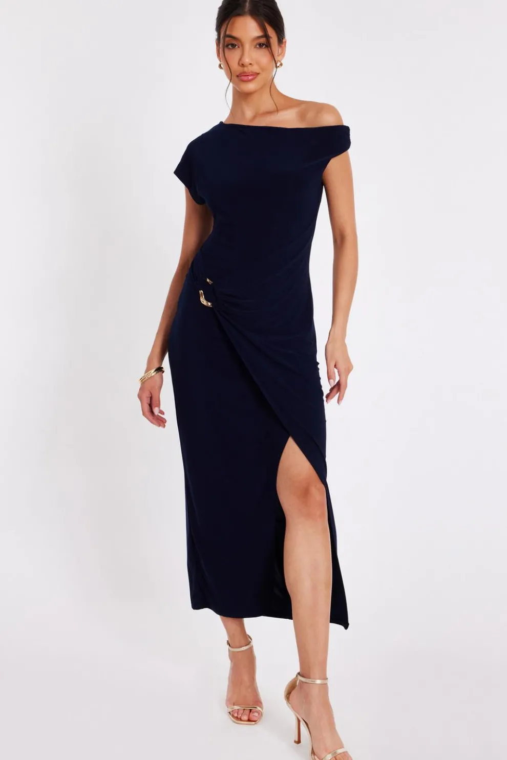 Navy Asymmetric Wrap Midaxi Dress
