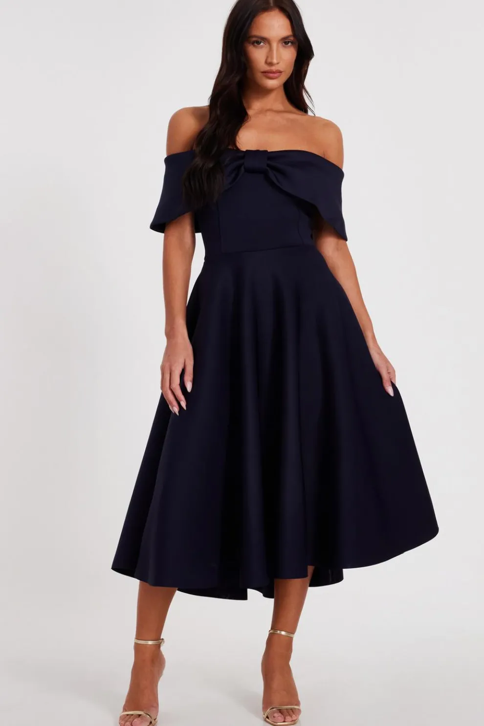Navy Bardot Bow Skater Dress