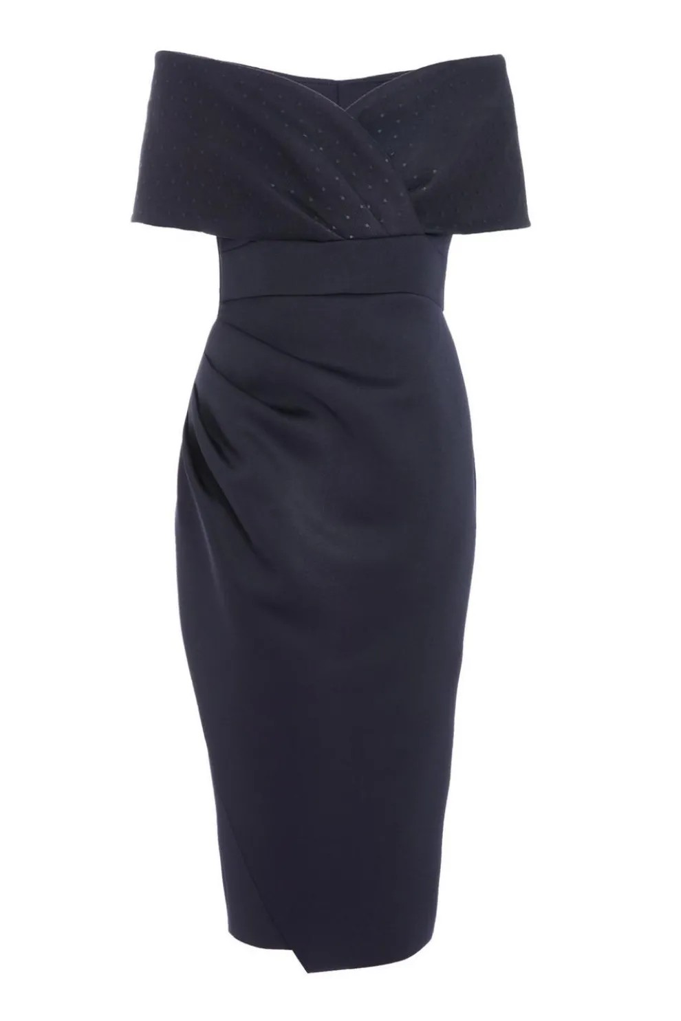 Navy Bardot Ruched Midi Dress