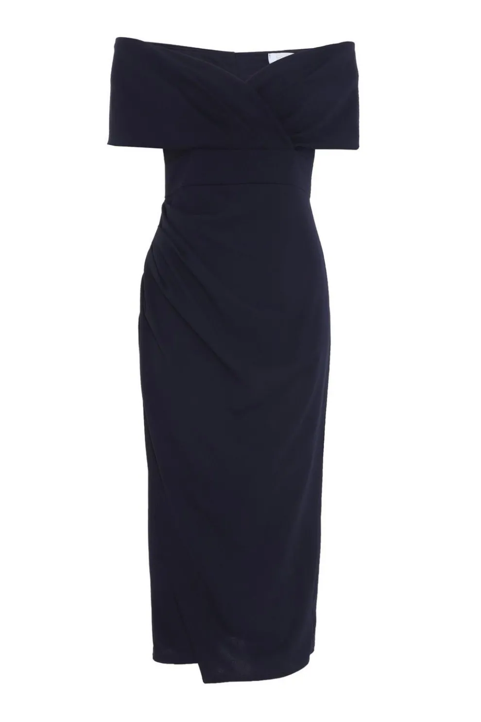 Navy Bardot Ruched Wrap Midi Dress