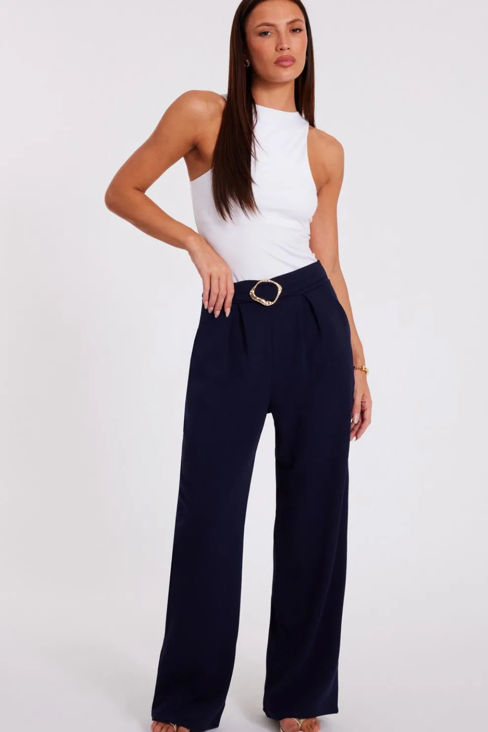 Navy Buckle Palazzo Trousers