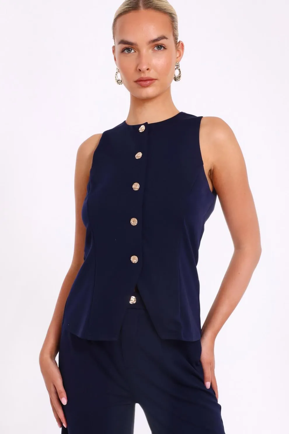 Navy Button Front Waistcoat