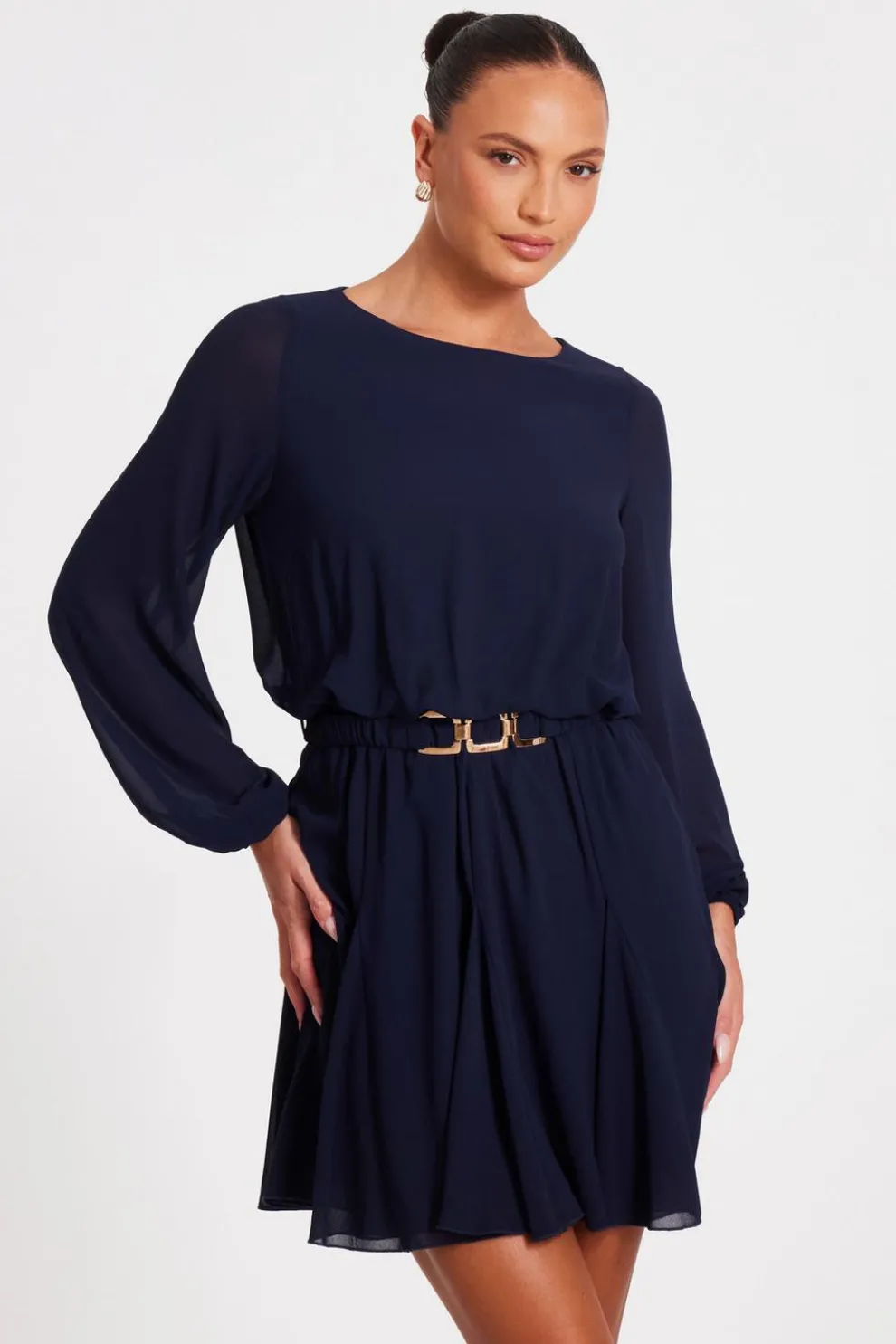 Navy Chiffon Long Sleeve Skater Dress