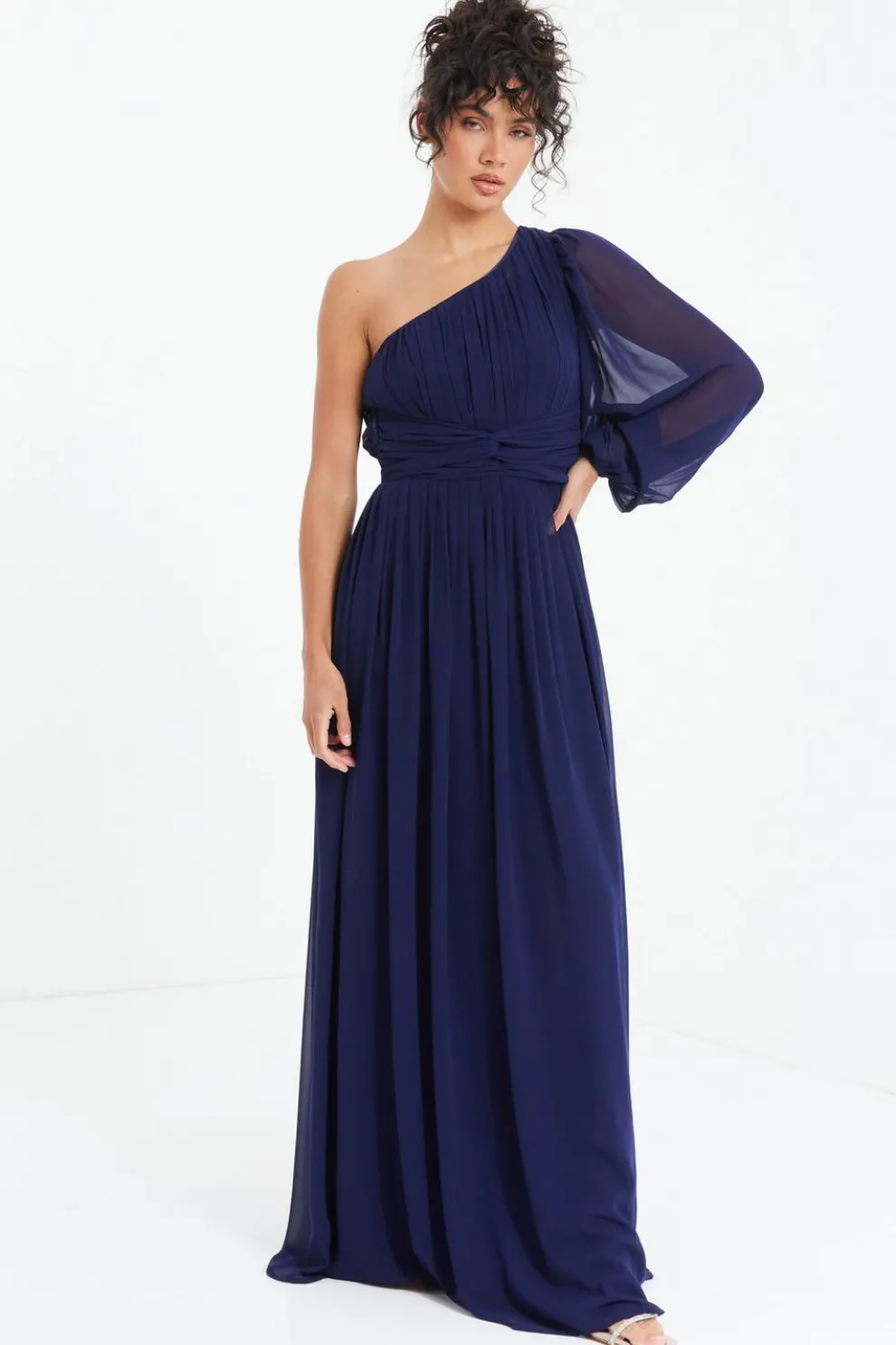 Navy Chiffon One Sleeve Maxi Dress