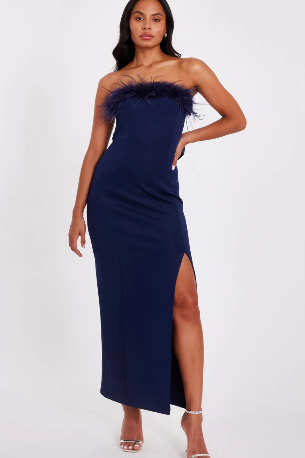 Navy Feather Trim Midaxi Dress