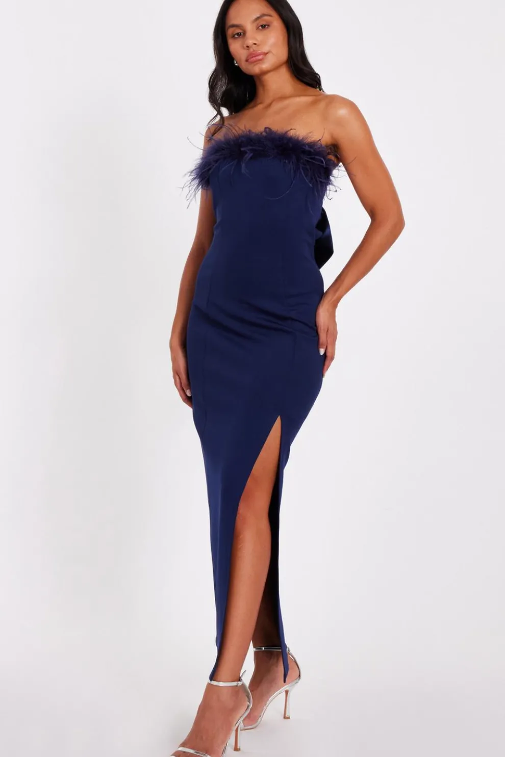 Navy Feather Trim Midaxi Dress