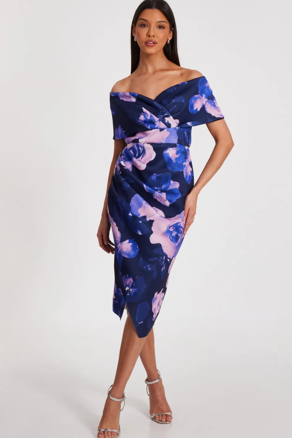 Navy Floral Bardot Midi Dress