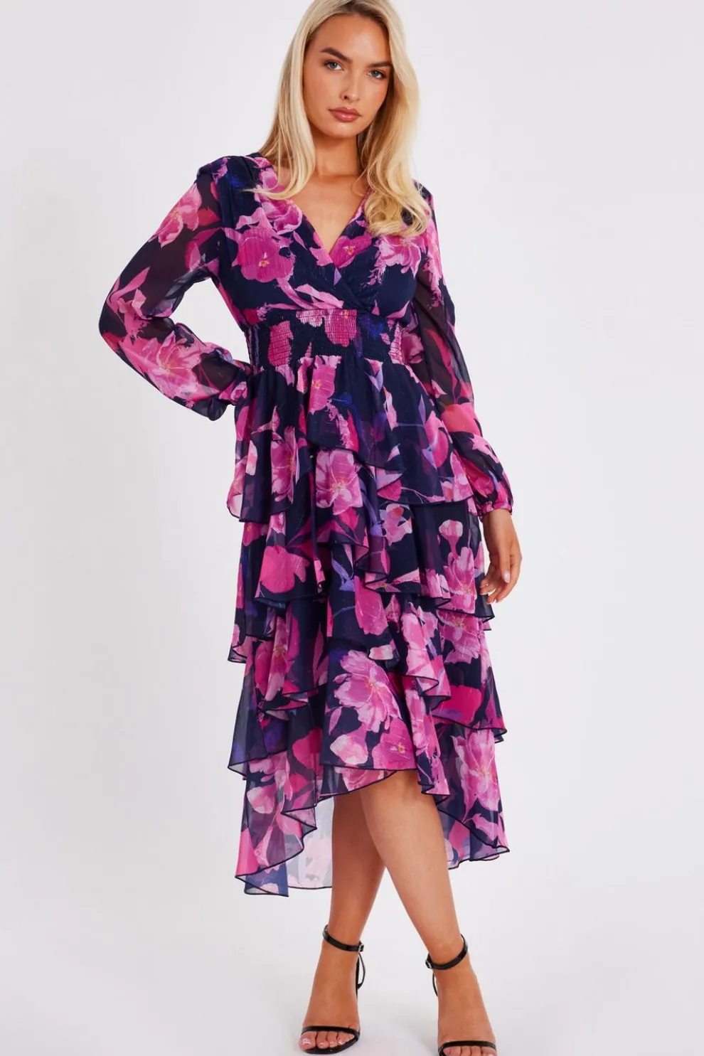 Navy Floral Dip Hem Midaxi Dress