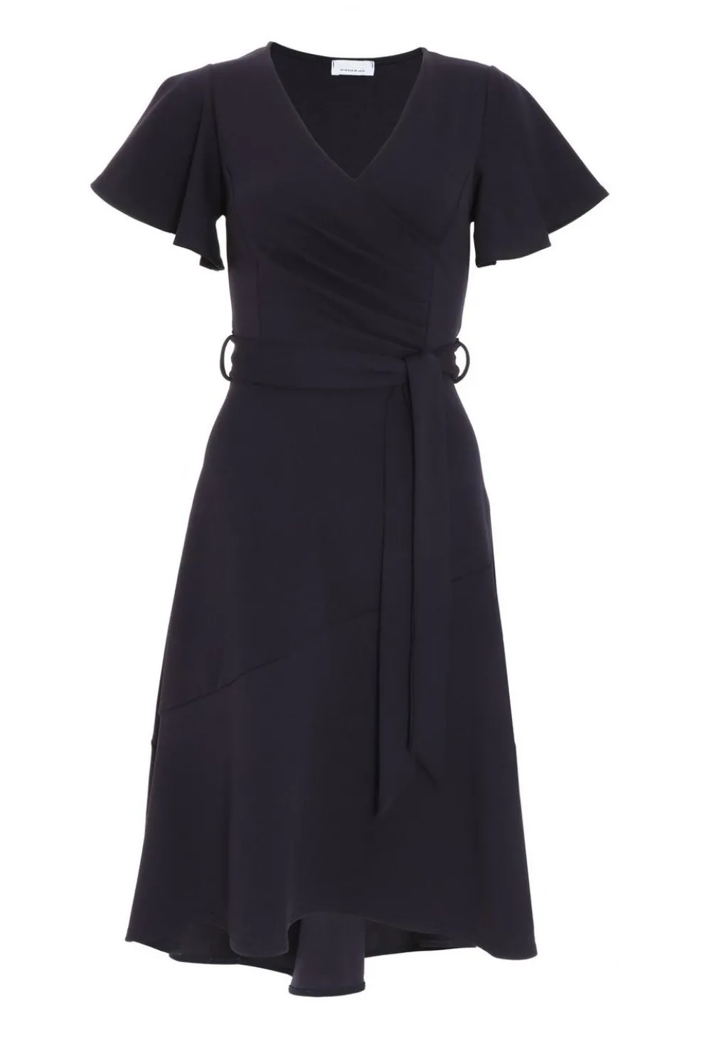 Navy Frill Sleeve Wrap Midi Dress