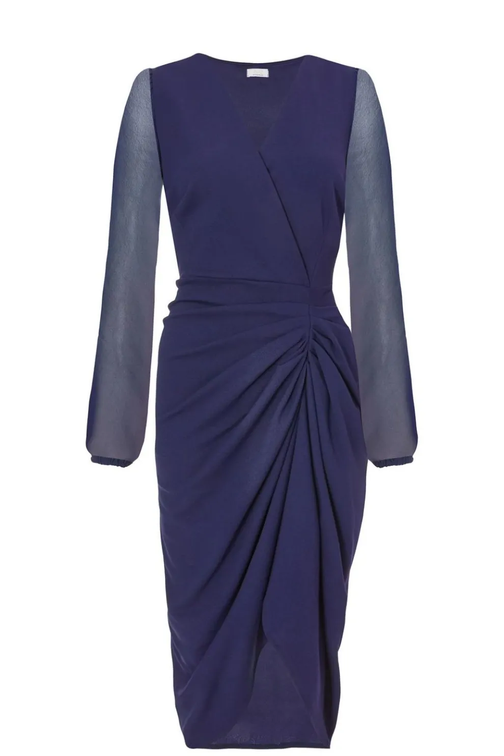 Navy Front Wrap Ruched Midi Dress