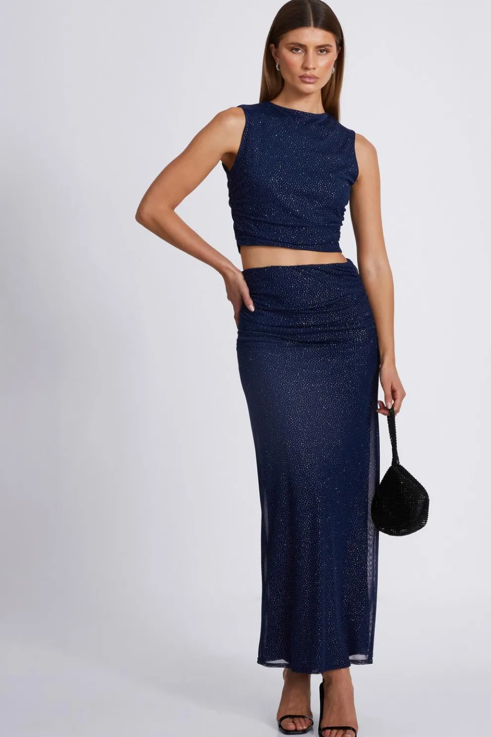 Navy Glitter Mesh Midaxi Skirt