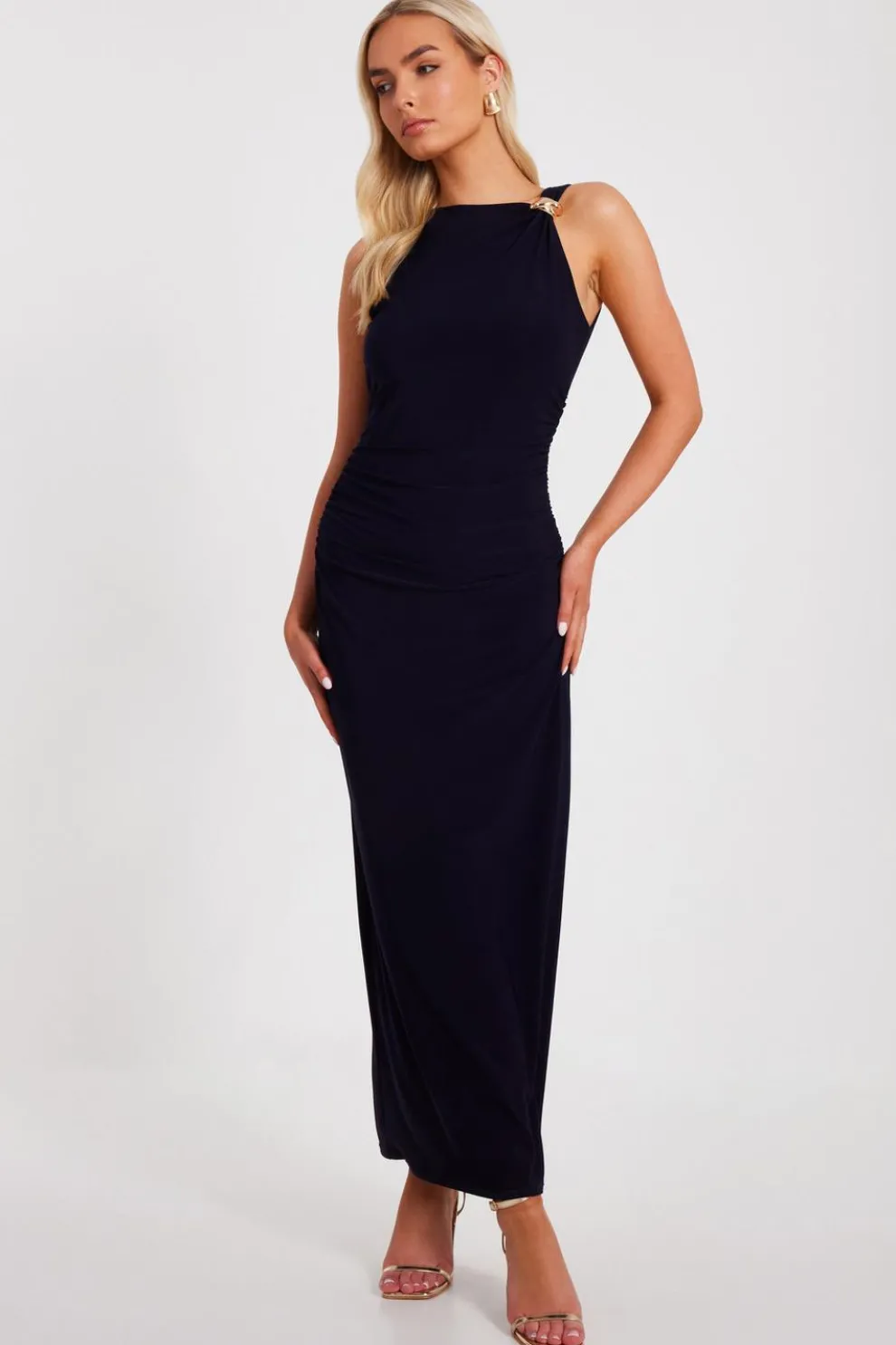 Navy Gold Buckle Midaxi Dress