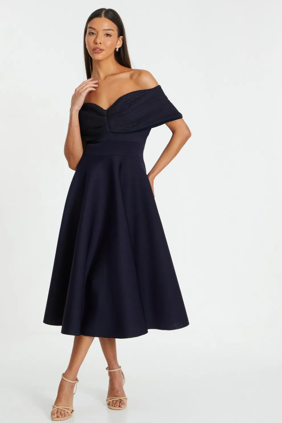 Navy Mesh Polka Dot Skater Midi Dress