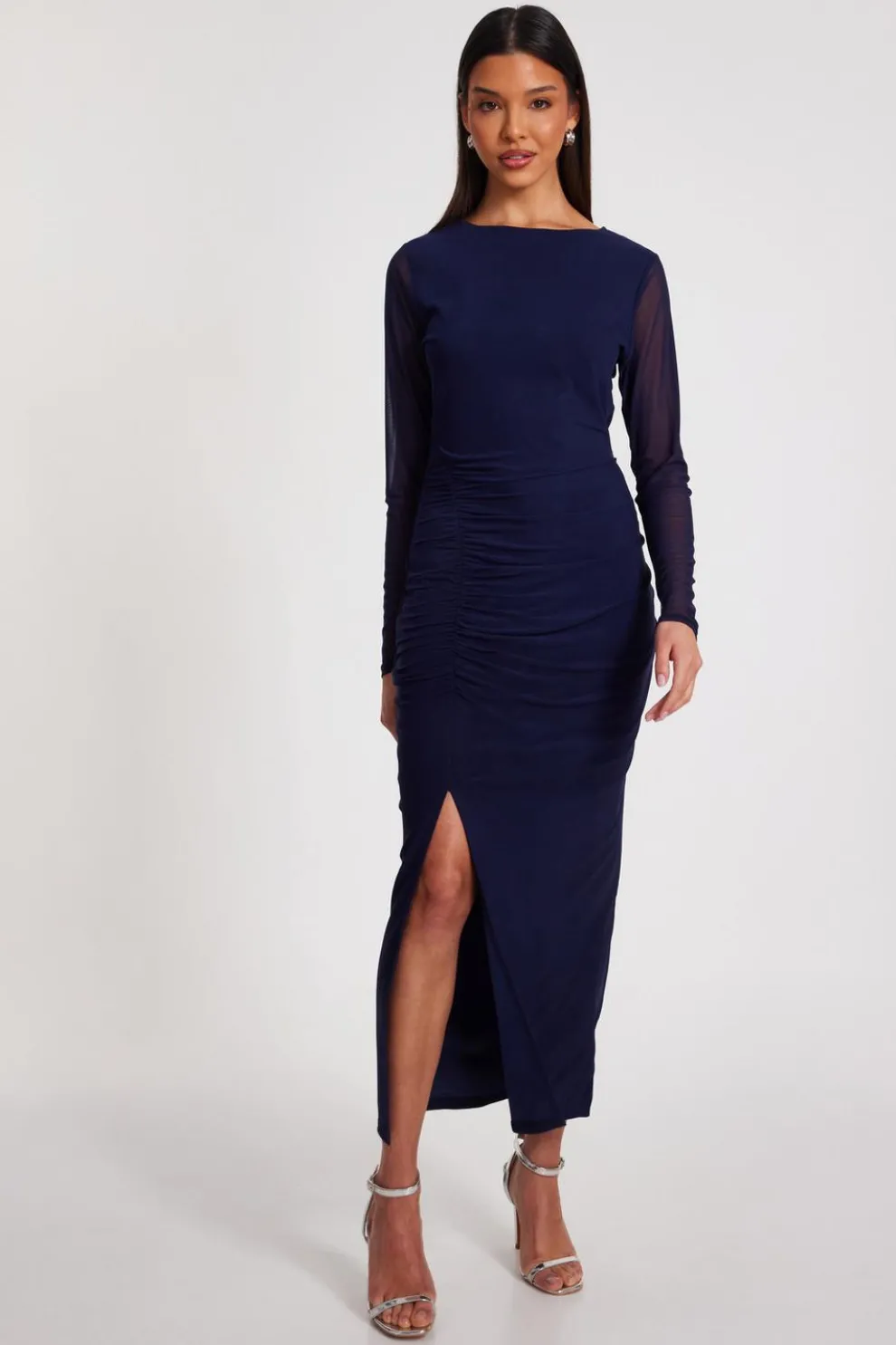 Navy Mesh Ruched Midaxi Dress