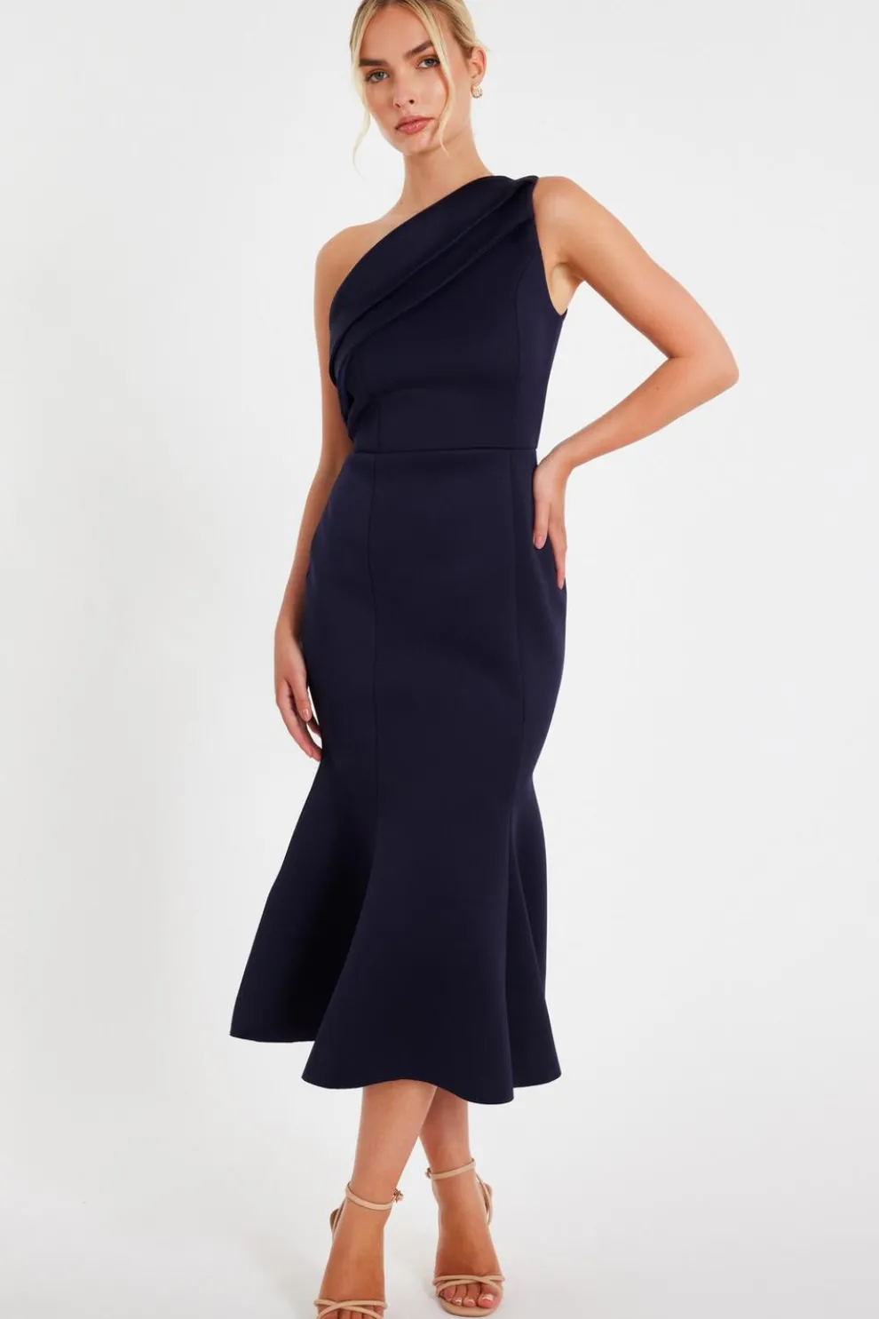 Navy One Shoulder Peplum Dress
