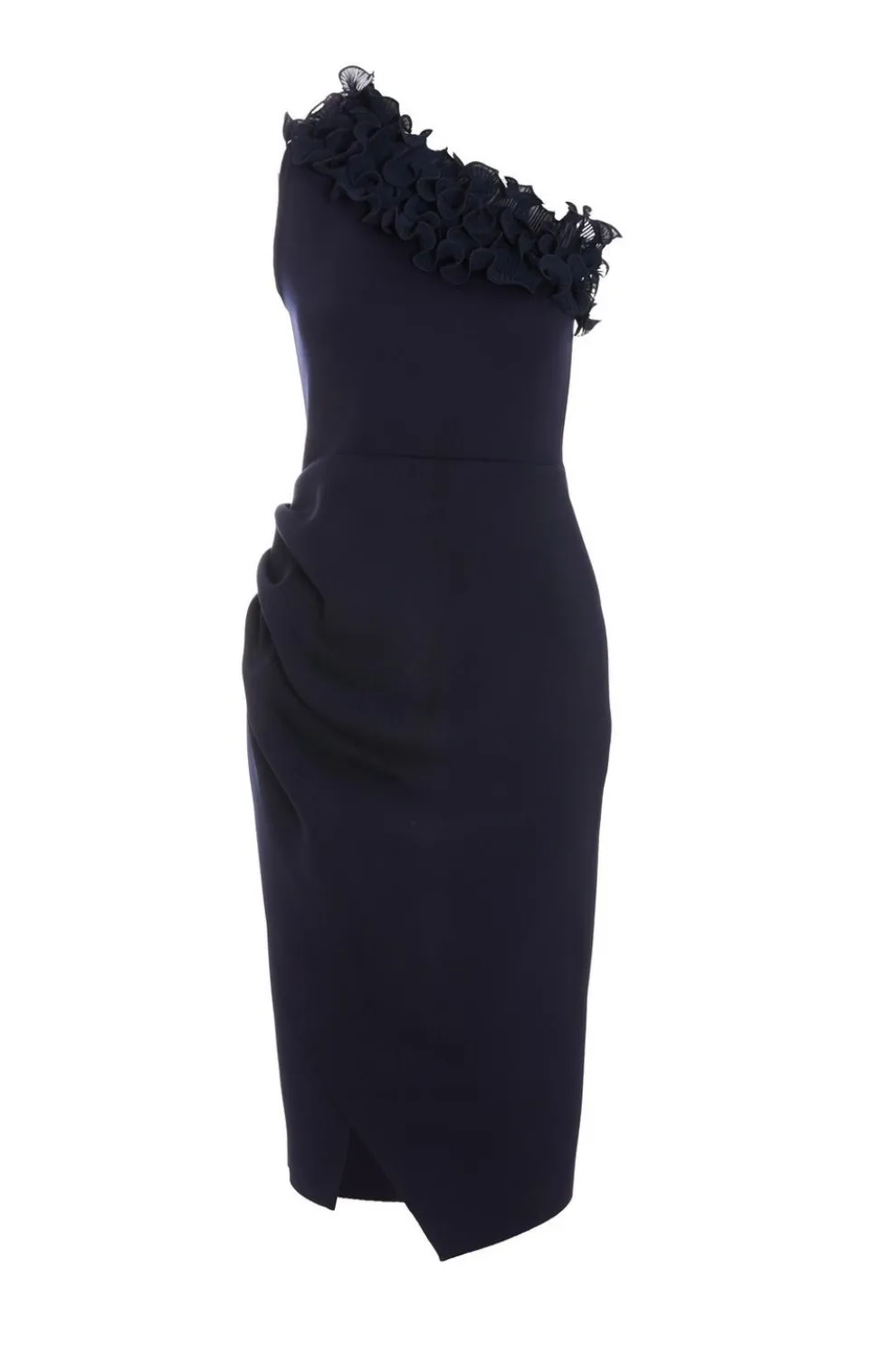 Navy One Shoulder Ruched Midi Dress