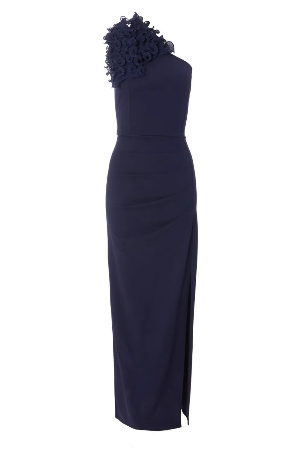Navy One Shoulder Ruffle Maxi Dress