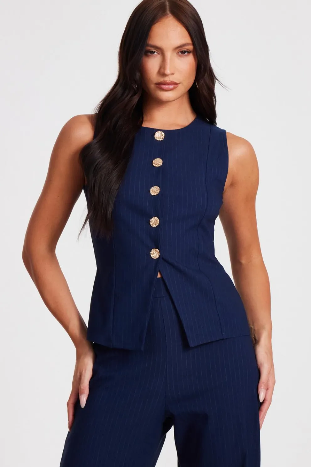Navy Pinstripe Button Front Waistcoat