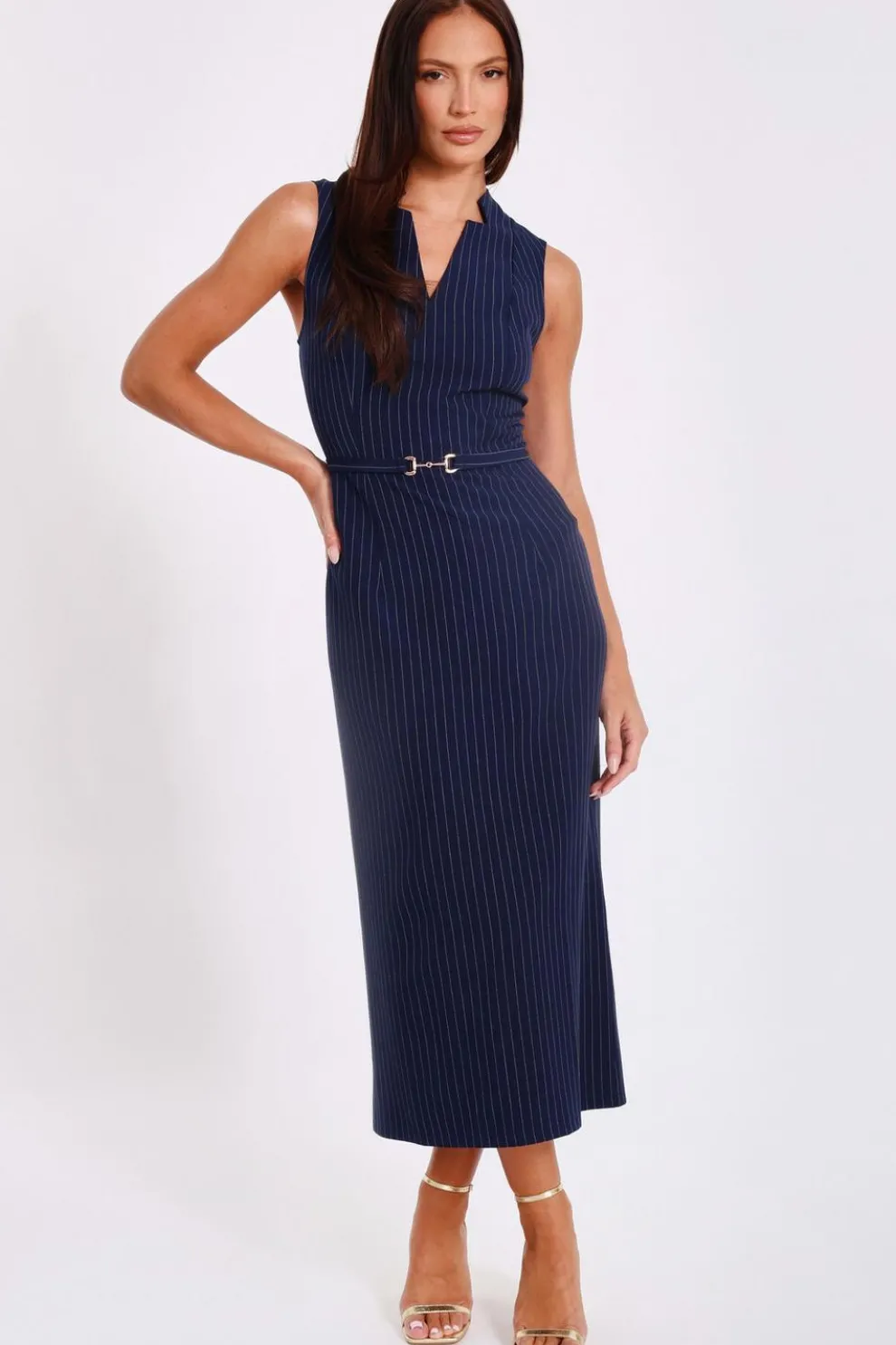 Navy Pinstripe Midi Dress