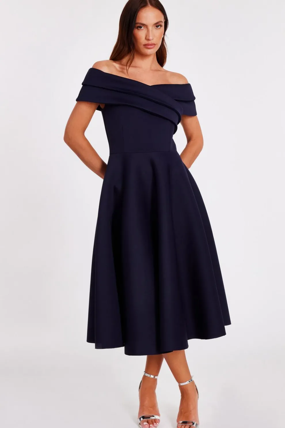 Navy Pleated Bardot Midi Dress