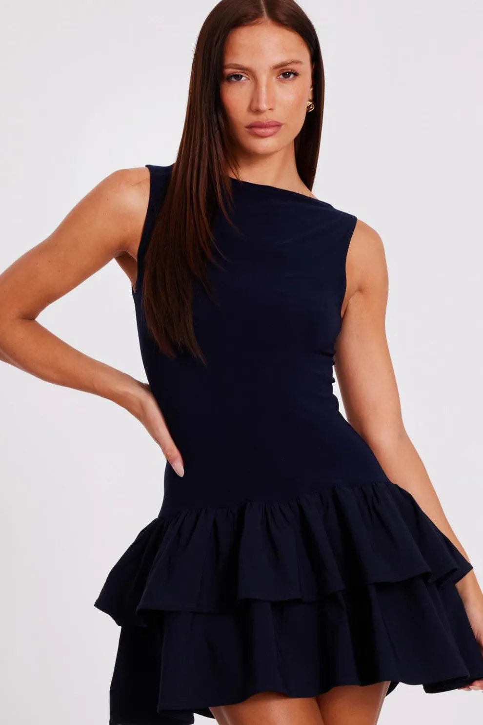 Navy Ruffle Hem Mini Dress