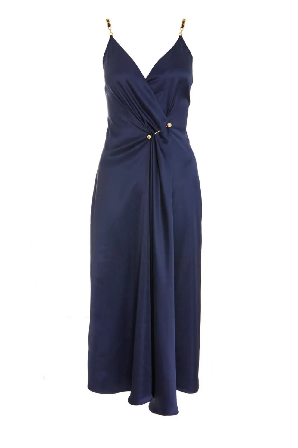 Navy Satin Buckle Front Midi Dress