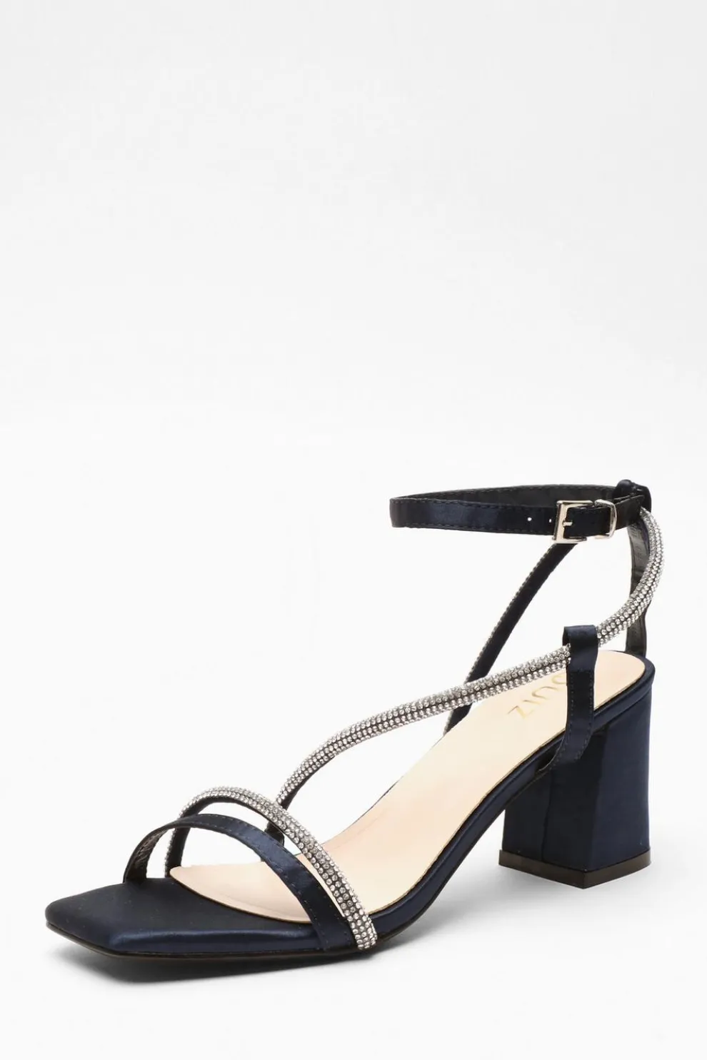 Navy Satin Diamante Block Heeled Sandals