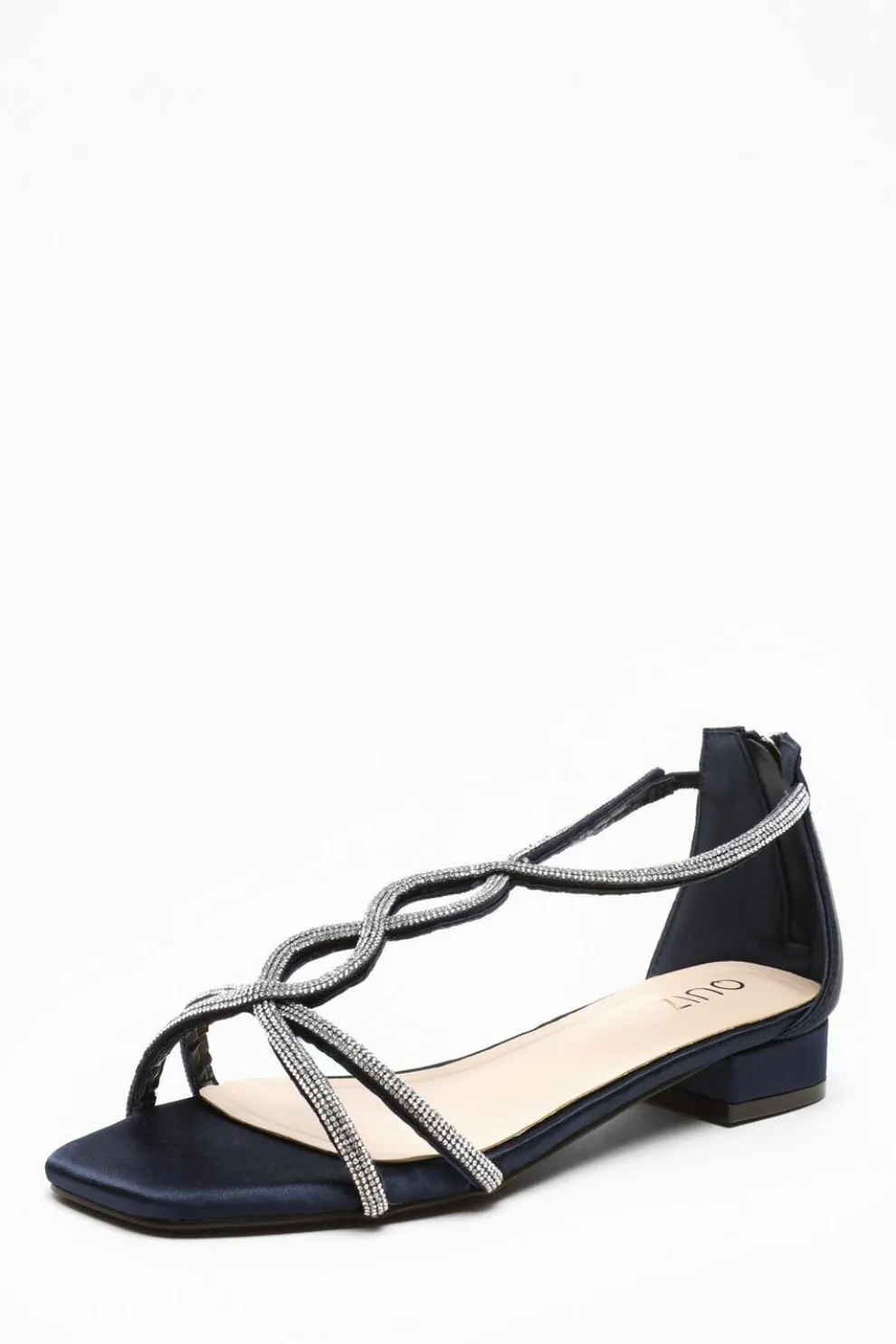 Navy Satin Diamante T-Strap Flat Sandals
