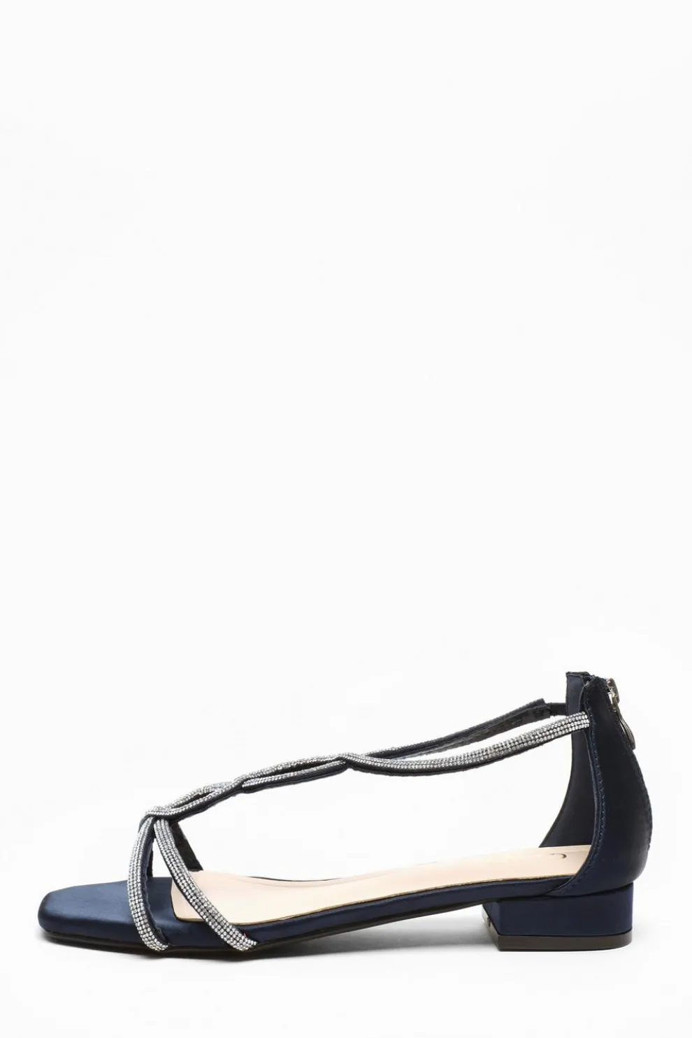 Navy Satin Diamante T-Strap Flat Sandals