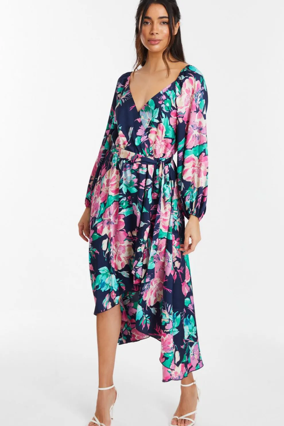 Navy Satin Floral Wrap Dip Hem Midi Dress