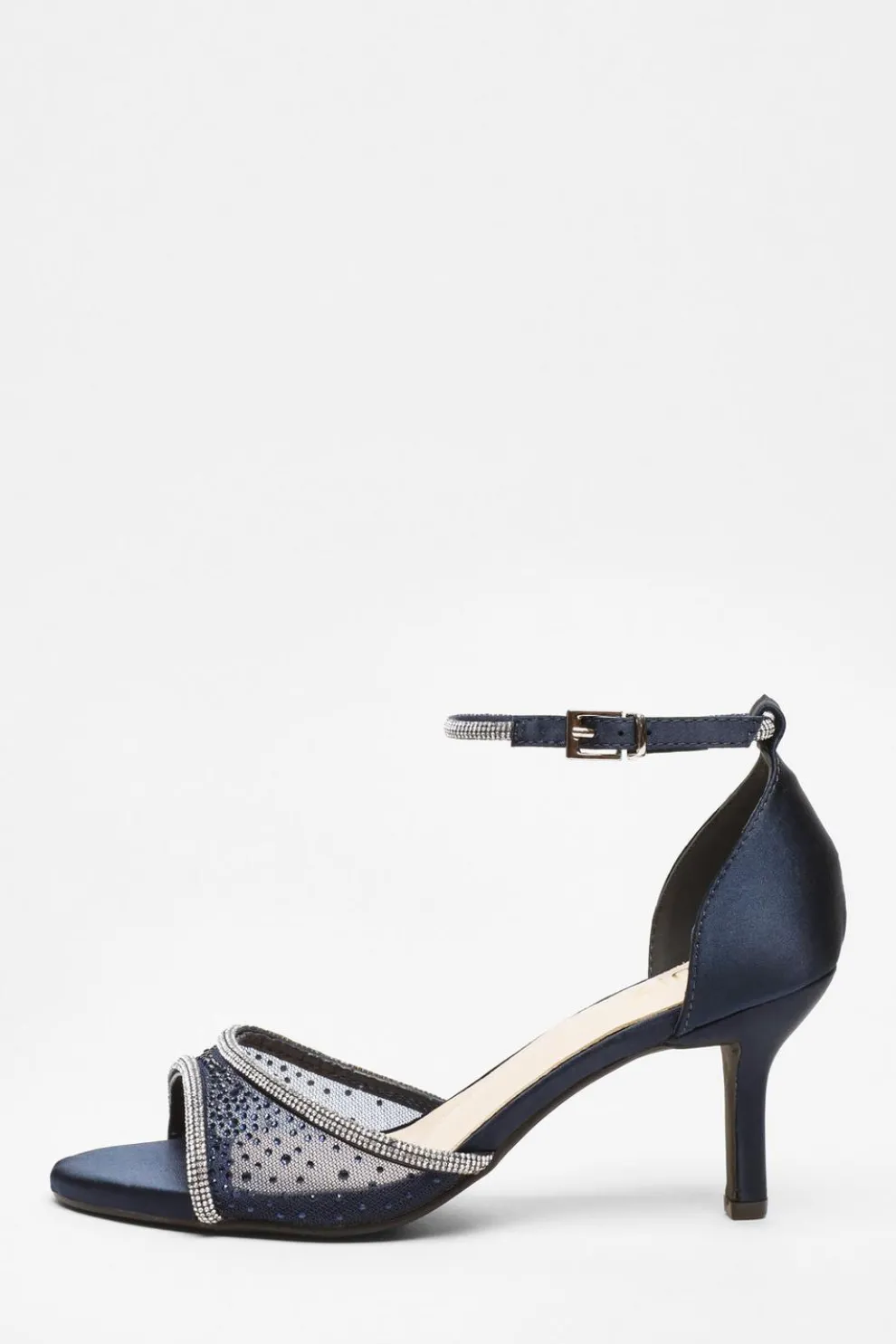 Navy Satin Mesh Diamante Heeled Sandal