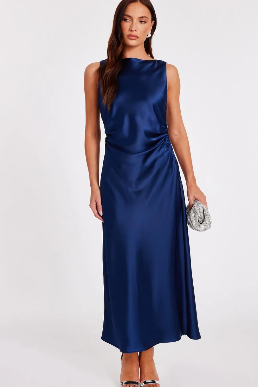 Navy Satin Ruched Midaxi Dress