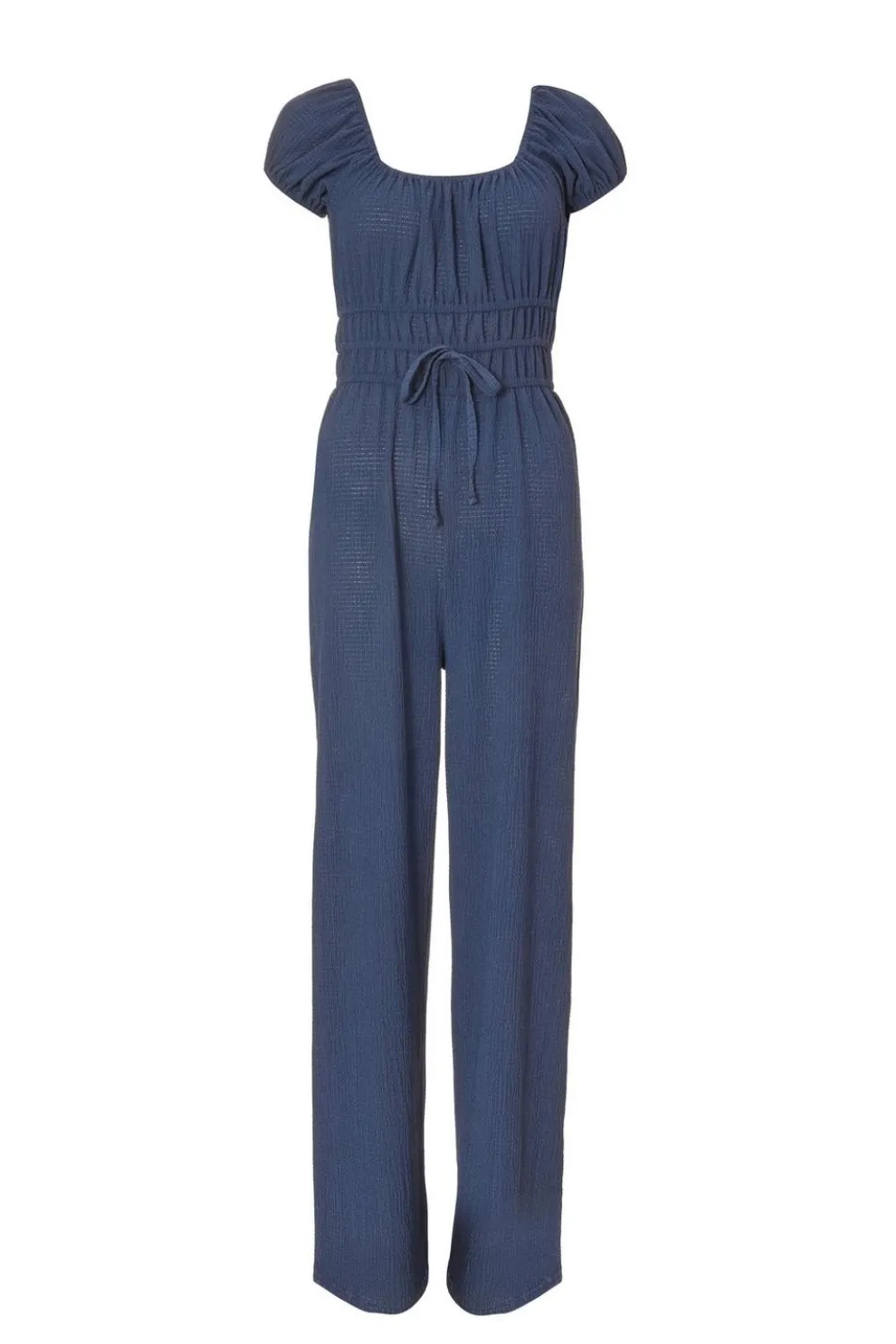 Navy Textured Puff Sleeve Jumpsuit