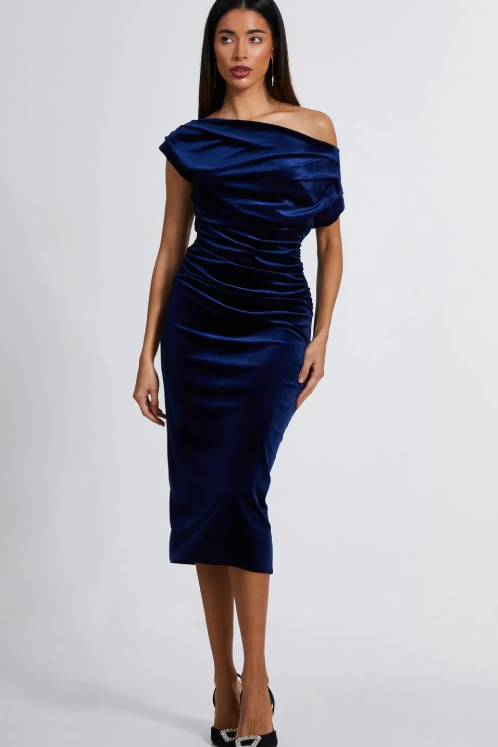 Navy Velvet One Shoulder Midaxi Dress