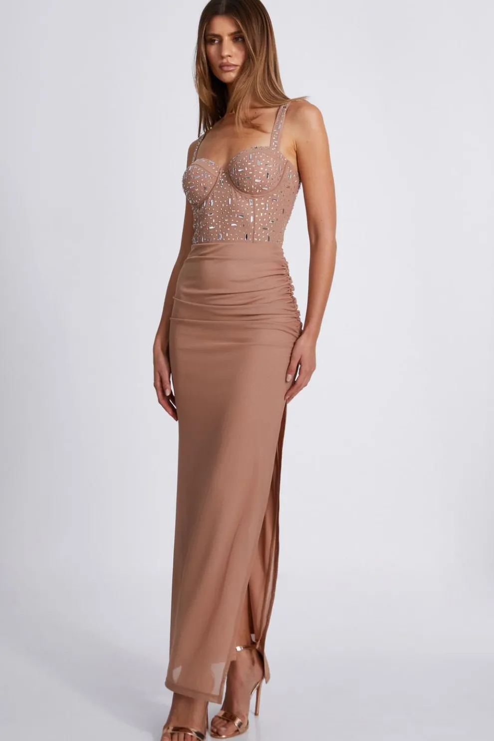 Nude Rhinestone Split Leg Maxi Dress
