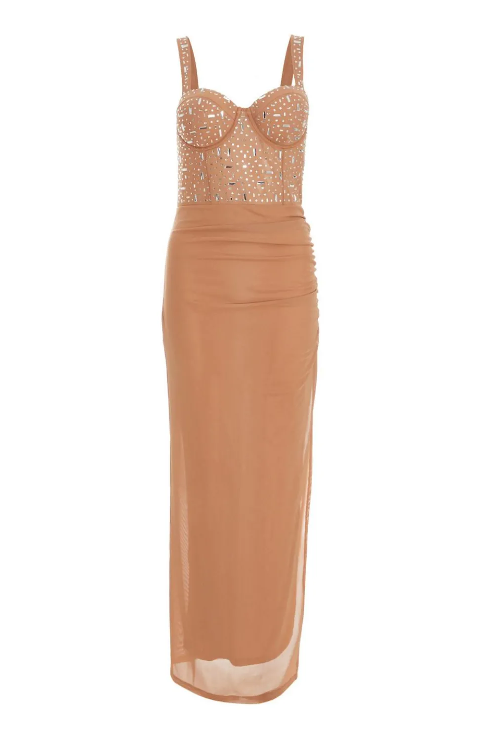 Nude Rhinestone Split Leg Maxi Dress